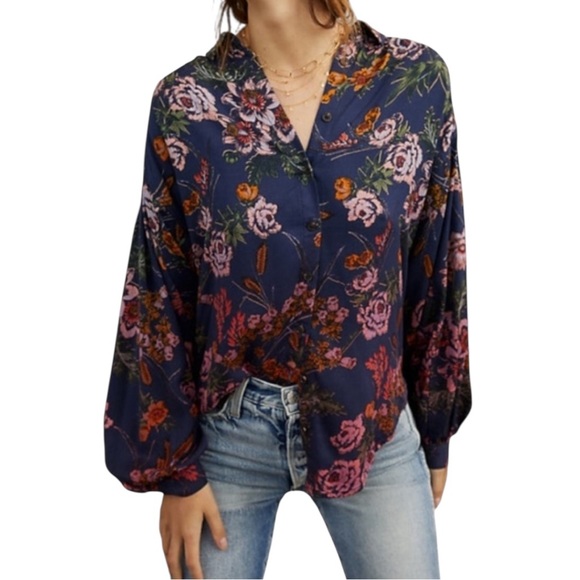 Anthropologie Tops - Anthropologie Pilcro Evika Navy Floral Print Oversized Button Down Shirt - XS